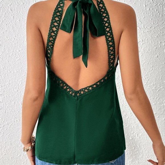 Green Boho Womens Tie Backless Ruffle Trim Peplum Blouse - Picture 5 of 5